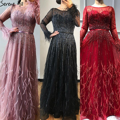 Serene Hill Pink A-Line Dubai Design Feathers Long Sleeves Luxury Beaded Evening Dresses Gowns For Women Party 2025 LA60836 - SERENE HILL