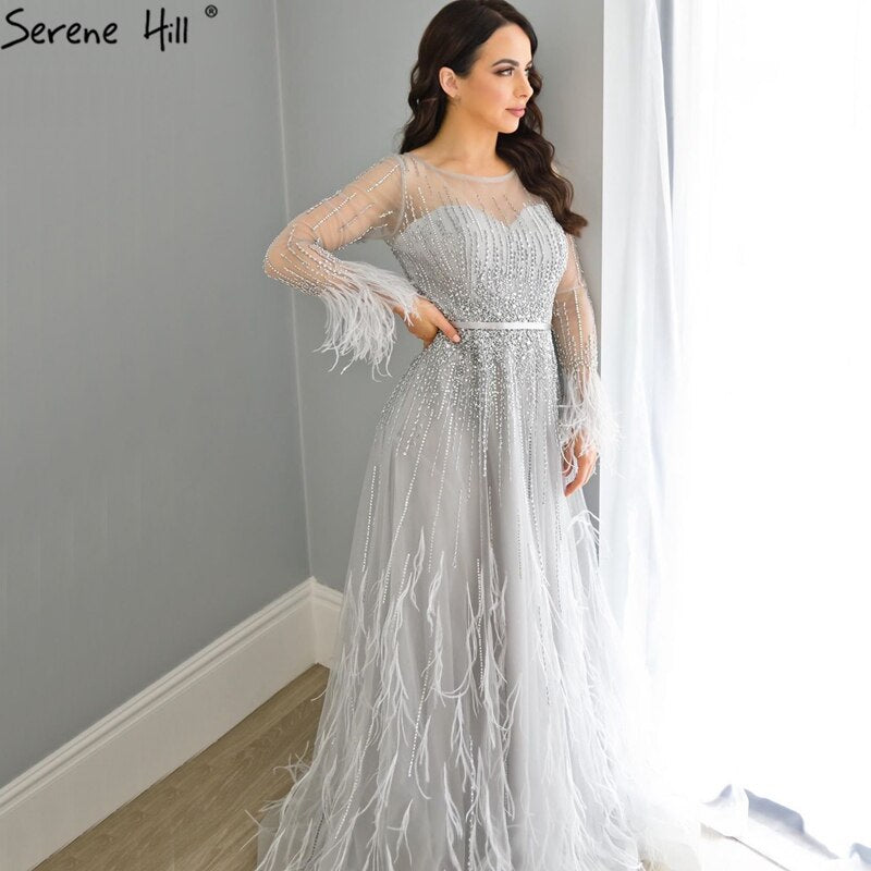 Serene Hill Pink A-Line Dubai Design Feathers Long Sleeves Luxury Beaded Evening Dresses Gowns For Women Party 2025 LA60836 - SERENE HILL