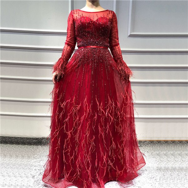 Serene Hill Pink A-Line Dubai Design Feathers Long Sleeves Luxury Beaded Evening Dresses Gowns For Women Party 2025 LA60836 - SERENE HILL