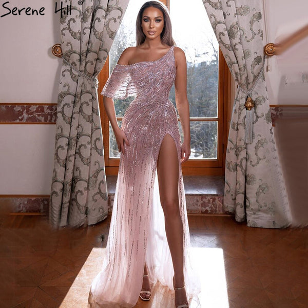Serene Hill Pink A-Line High Split Evening Dresses Gowns 2025 One Shoulder Beaded Luxury For Women Party LA71241