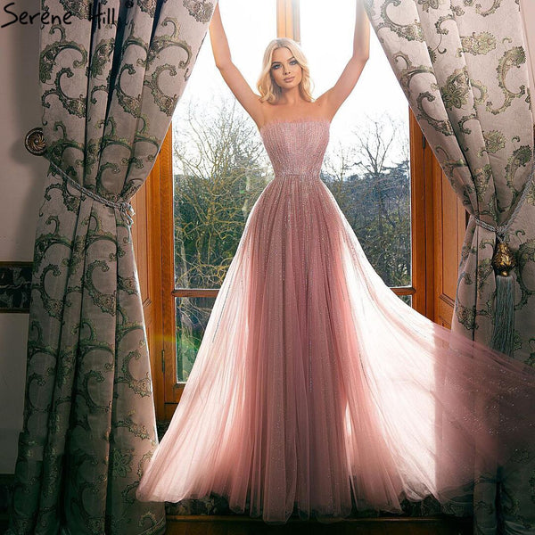 Serene Hill Pink A-Line Luxury Evening Dresses Gowns 2021 Beaded Sleeveless For Women Wedding Party LA71239