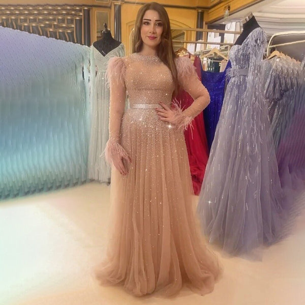 Serene Hill Pink A Line O-Neck Sexy Feathers Long Sleeves Beaded Luxury Arabic Party Dresses Formal Women Evening 2025 LA71783