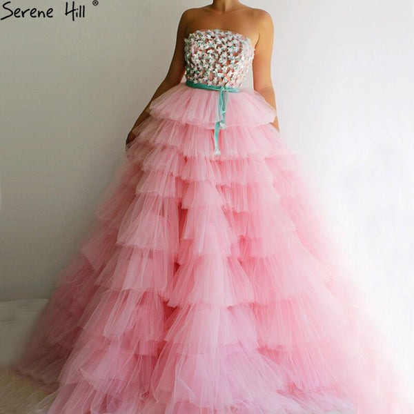Serene Hill Pink A-Line Sexy Evening Dresses 2025 Sleeveless Beading Tiered Tulle Formal Dress Design LA70701