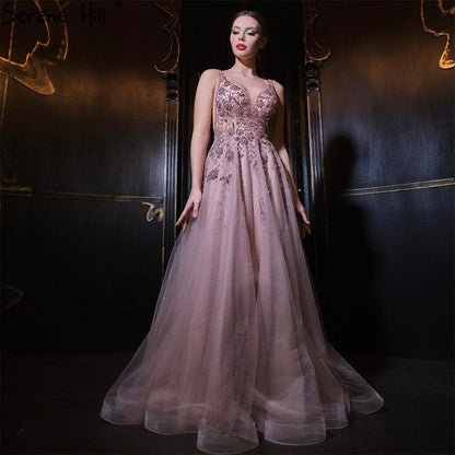 Serene Hill Pink A-Line Sexy Evening Dresses Gowns 2025 Spaghetti Strap Beaded For Women Party LA71268 - SERENE HILL
