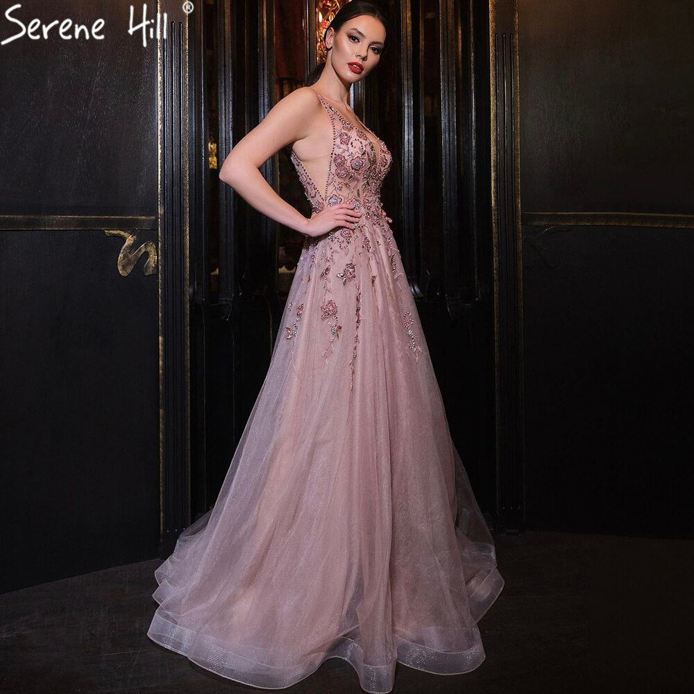 Serene Hill Pink A-Line Sexy Evening Dresses Gowns 2025 Spaghetti Strap Beaded For Women Party LA71268 - SERENE HILL