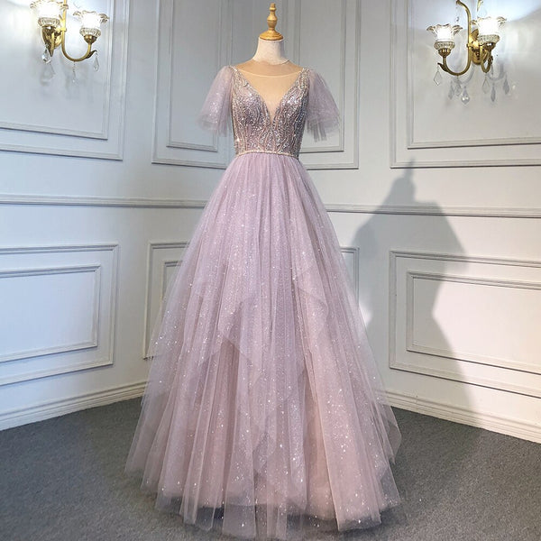 Serene Hill Pink  A-Line Sexy V-Neck Evening Gowns Luxury Beaded Dresses Long 2025 For Women Wedding Party LA71710