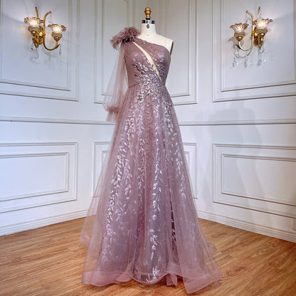 Serene Hill Pink A-Line Split Luxury Evening Dresses Gowns 2025 Beaded Elegant Feathers One Shoulder For Women Party LA71689 - SERENE HILL