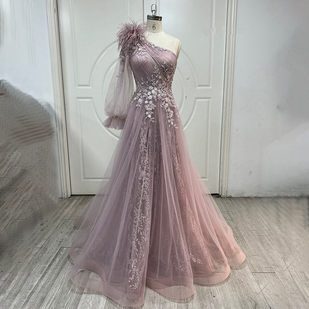 Serene Hill Pink A-Line Split Luxury Evening Dresses Gowns 2025 Beaded Elegant Feathers One Shoulder For Women Party LA71689 - SERENE HILL