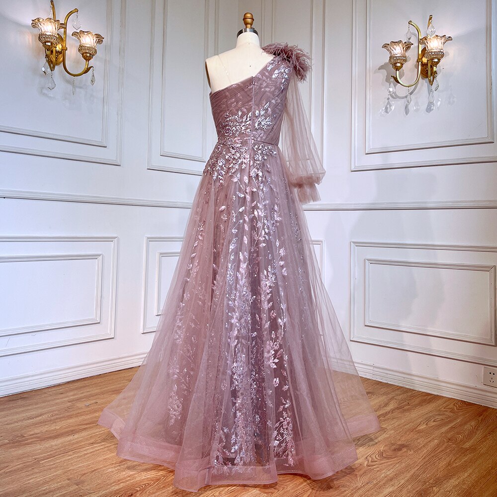 Serene Hill Pink A-Line Split Luxury Evening Dresses Gowns 2025 Beaded Elegant Feathers One Shoulder For Women Party LA71689 - SERENE HILL