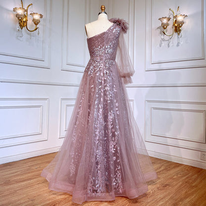 Serene Hill Pink A-Line Split Luxury Evening Dresses Gowns 2025 Beaded Elegant Feathers One Shoulder For Women Party LA71689 - SERENE HILL