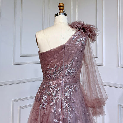 Serene Hill Pink A-Line Split Luxury Evening Dresses Gowns 2025 Beaded Elegant Feathers One Shoulder For Women Party LA71689 - SERENE HILL