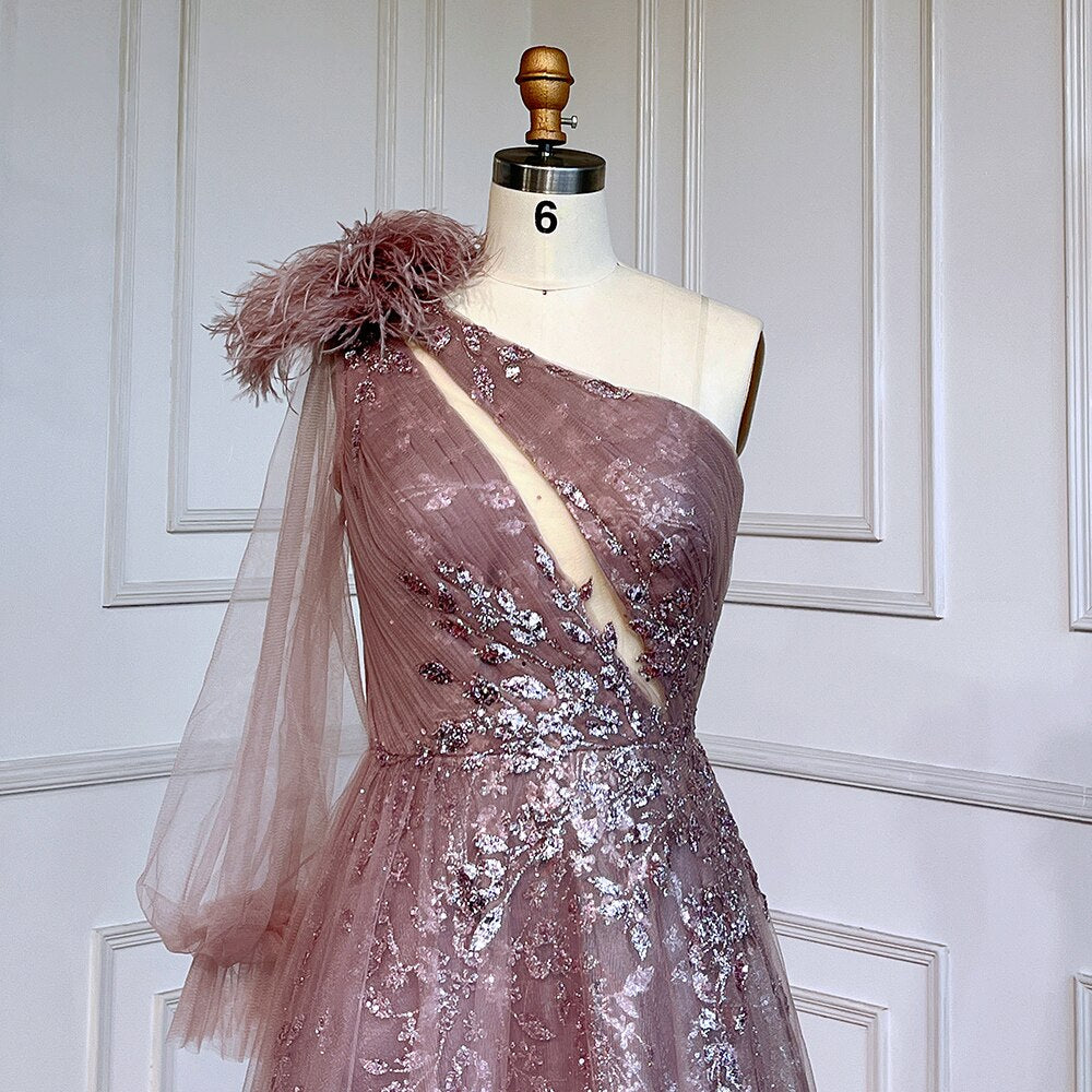 Serene Hill Pink A-Line Split Luxury Evening Dresses Gowns 2025 Beaded Elegant Feathers One Shoulder For Women Party LA71689 - SERENE HILL