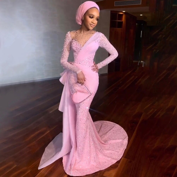 Serene Hill Pink Arabic Mermaid Elegant With Skirt Evening Dresses Gowns Luxury Pearls Beaded 2025 For Women Party LA71746