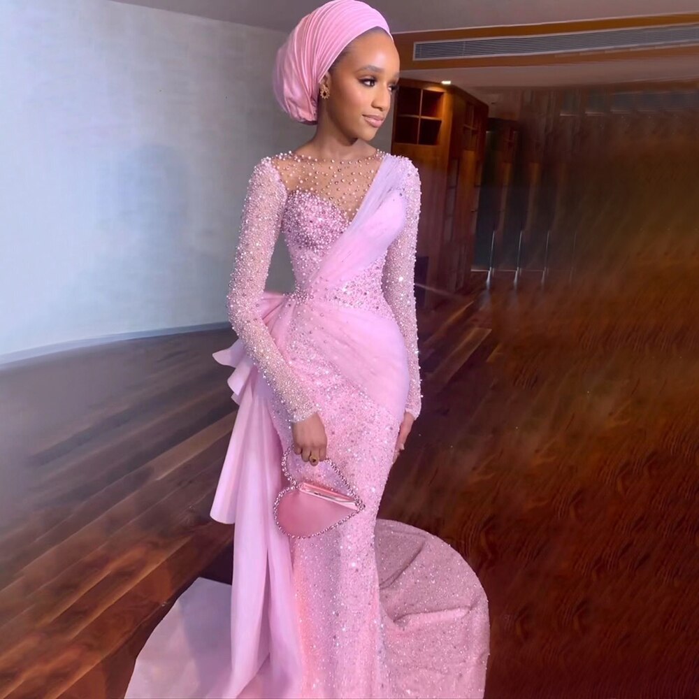 Serene Hill Pink Arabic Mermaid Elegant With Skirt Evening Dresses Gowns Luxury Pearls Beaded 2025 For Women Party LA71746 - SERENE HILL