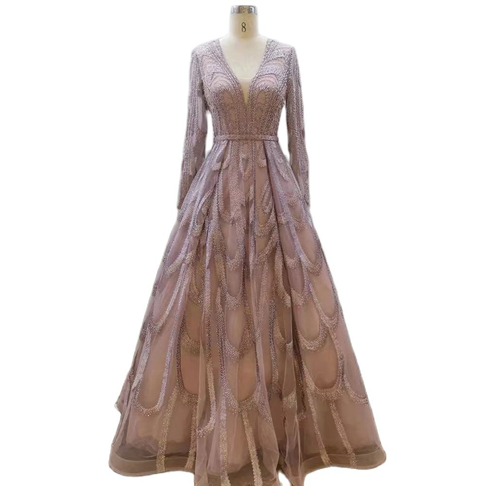 Serene Hill Pink Beaded Muslim Evening Dresses Gowns 2025 Luxury A-Line Puff Sleeve For Women Party LA71758 - SERENE HILL