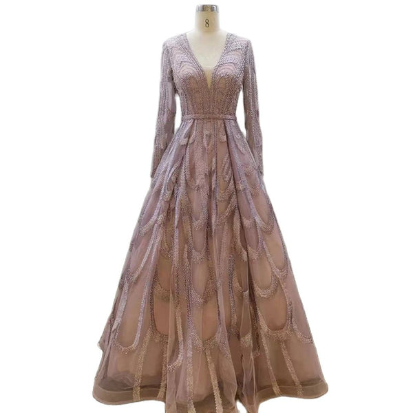 Serene Hill Pink Beaded Muslim Evening Dresses Gowns 2025 Luxury A-Line Puff Sleeve For Women Party LA71758