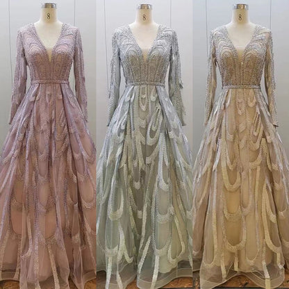 Serene Hill Pink Beaded Muslim Evening Dresses Gowns 2025 Luxury A-Line Puff Sleeve For Women Party LA71758 - SERENE HILL