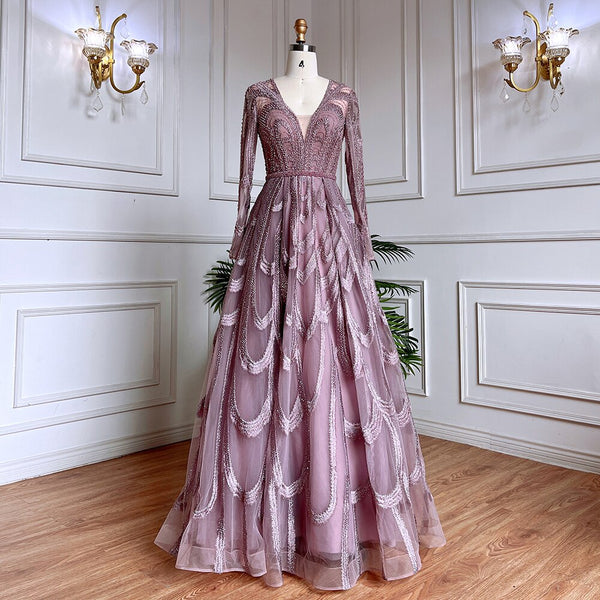 Serene Hill Pink Beaded Muslim Evening Dresses Gowns 2025 Luxury A-Line Puff Sleeve For Women Party LA71758