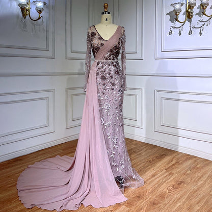 Serene Hill Pink Elegant Mermaid Sexy With Overskirt Beaded Luxury Evening Dresses Gowns For Women Arabic Party 2025 LA71835 - SERENE HILL
