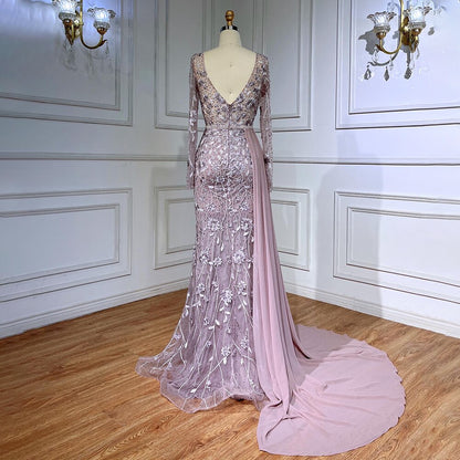 Serene Hill Pink Elegant Mermaid Sexy With Overskirt Beaded Luxury Evening Dresses Gowns For Women Arabic Party 2025 LA71835 - SERENE HILL