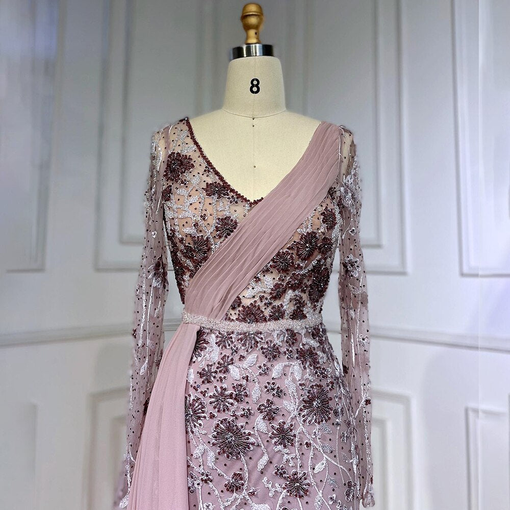 Serene Hill Pink Elegant Mermaid Sexy With Overskirt Beaded Luxury Evening Dresses Gowns For Women Arabic Party 2025 LA71835 - SERENE HILL
