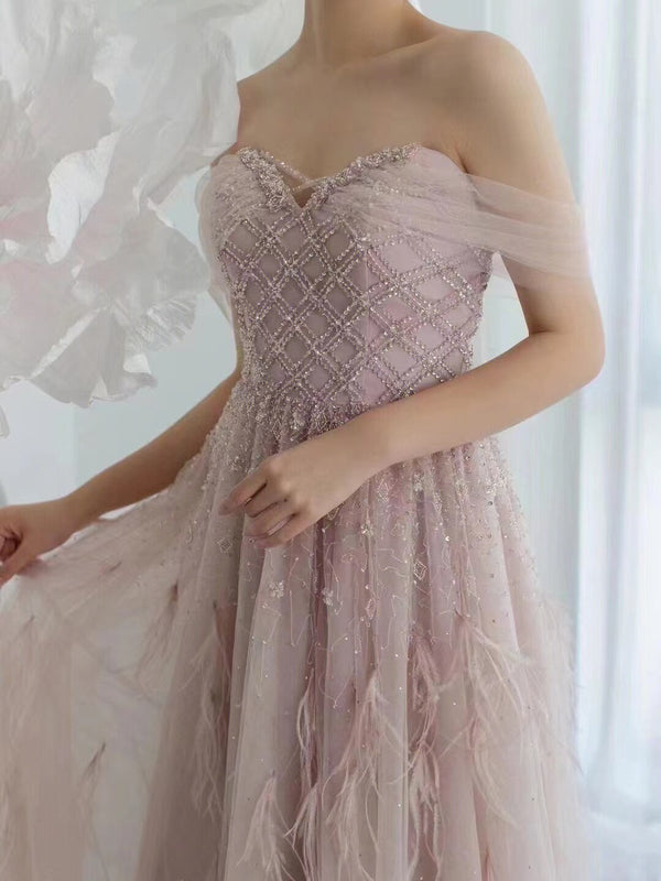 Serene Hill Pink Feather Beaded Sexy Evening Dresses Gowns 2025 A-Line Luxury For Women Party LA71874