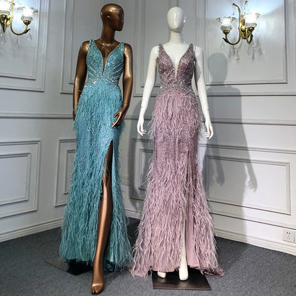 Serene Hill Pink High Split Mermaid Evening Dresses Gowns 2025 Backless Luxury Beaded Feather For Women Party LA71583 - SERENE HILL