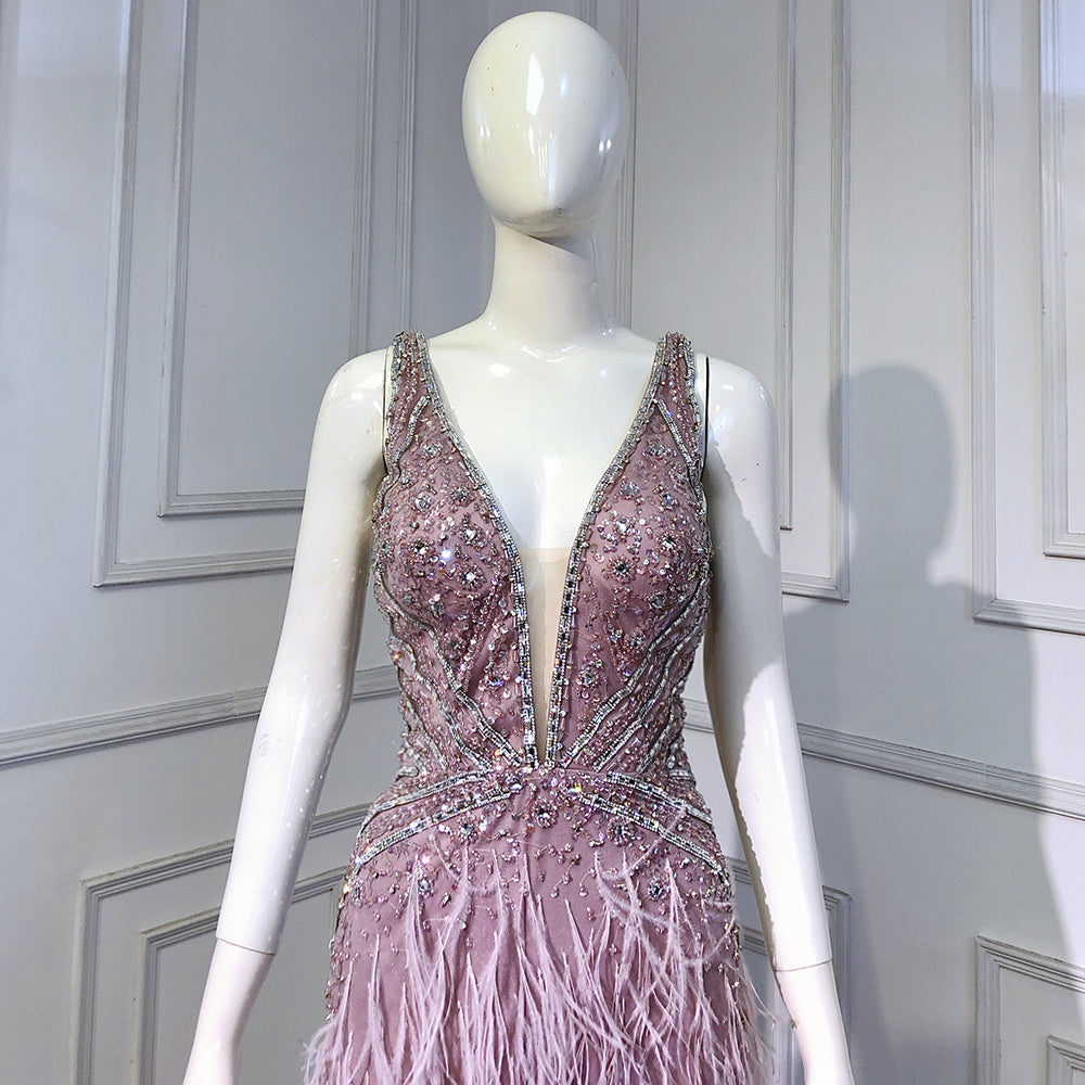 Serene Hill Pink High Split Mermaid Evening Dresses Gowns 2025 Backless Luxury Beaded Feather For Women Party LA71583 - SERENE HILL