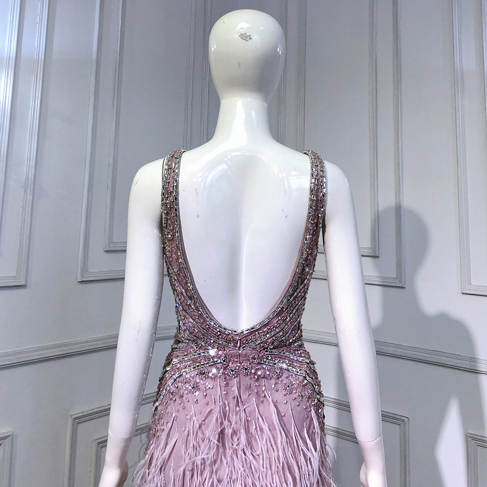 Serene Hill Pink High Split Mermaid Evening Dresses Gowns 2025 Backless Luxury Beaded Feather For Women Party LA71583 - SERENE HILL