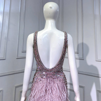 Serene Hill Pink High Split Mermaid Evening Dresses Gowns 2025 Backless Luxury Beaded Feather For Women Party LA71583 - SERENE HILL