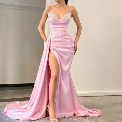 Serene Hill Pink High Split Overskirt Evening Dresses Gowns 2025 Satin Beaded Elegant Mermaid For Women Party LA71615 - SERENE HILL