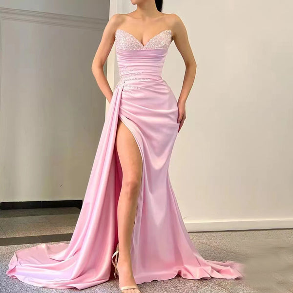 Serene Hill Pink High Split Overskirt Evening Dresses Gowns 2025 Satin Beaded Elegant Mermaid For Women Party LA71615
