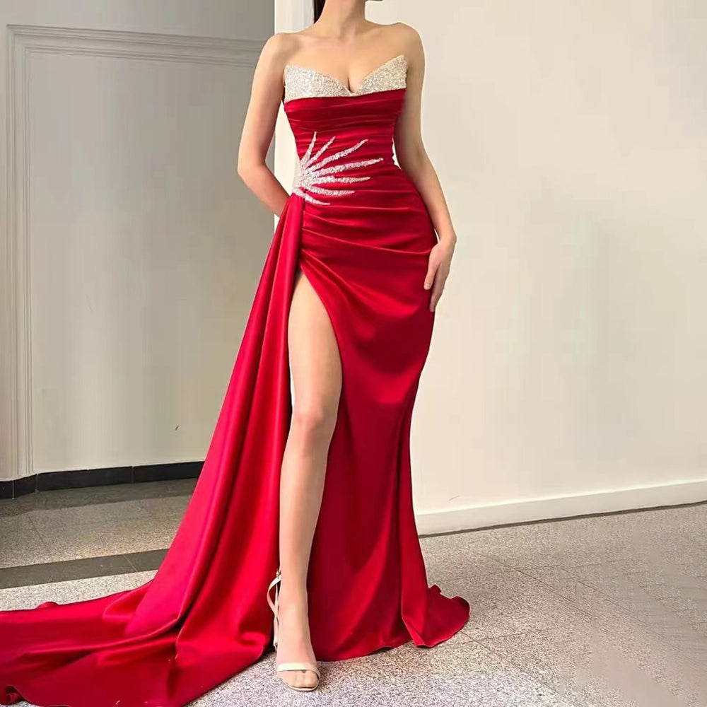 Serene Hill Pink High Split Overskirt Evening Dresses Gowns 2025 Satin Beaded Elegant Mermaid For Women Party LA71615 - SERENE HILL