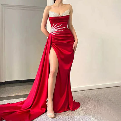 Serene Hill Pink High Split Overskirt Evening Dresses Gowns 2025 Satin Beaded Elegant Mermaid For Women Party LA71615 - SERENE HILL