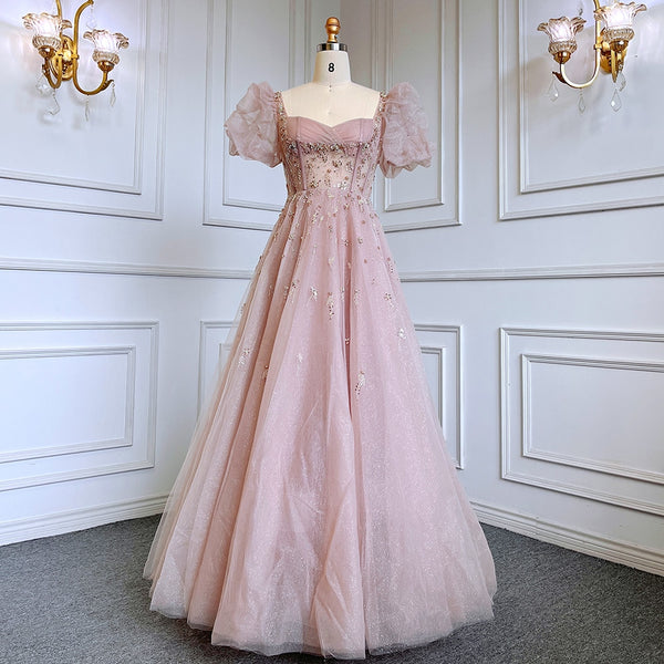 Elegant Pink A-Line Beaded Short Sleeve Evening Gown with Lace-Up Back LA71773