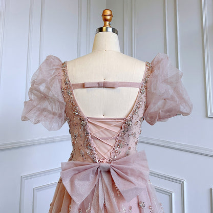Elegant Pink A-Line Beaded Short Sleeve Evening Gown with Lace-Up Back LA71773 - SERENE HILL