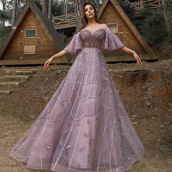 Serene Hill Pink Luxury A-Line Evening Dresses Gowns 2025 Flare Sleeves Beaded For Women Party LA71600