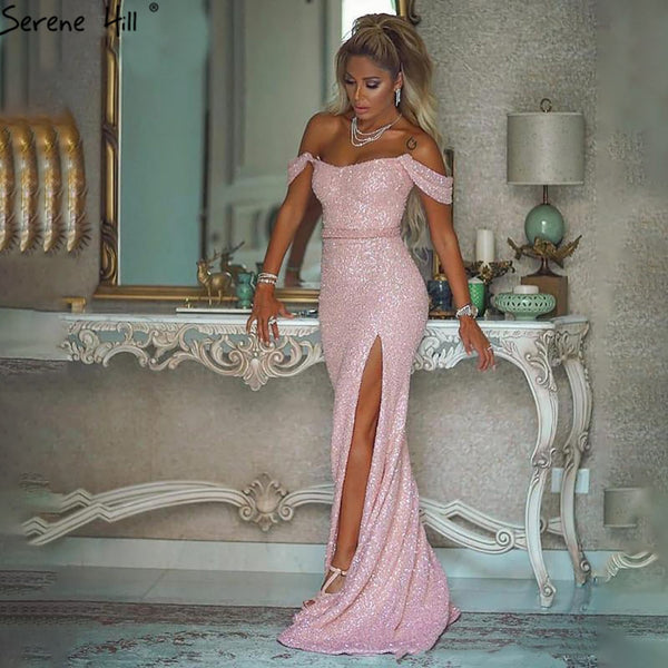 Serene Hill Pink Luxury Beaded Evening Dresses Gowns 2025 High Split Sexy Elegant For Women Party Dress LA71256