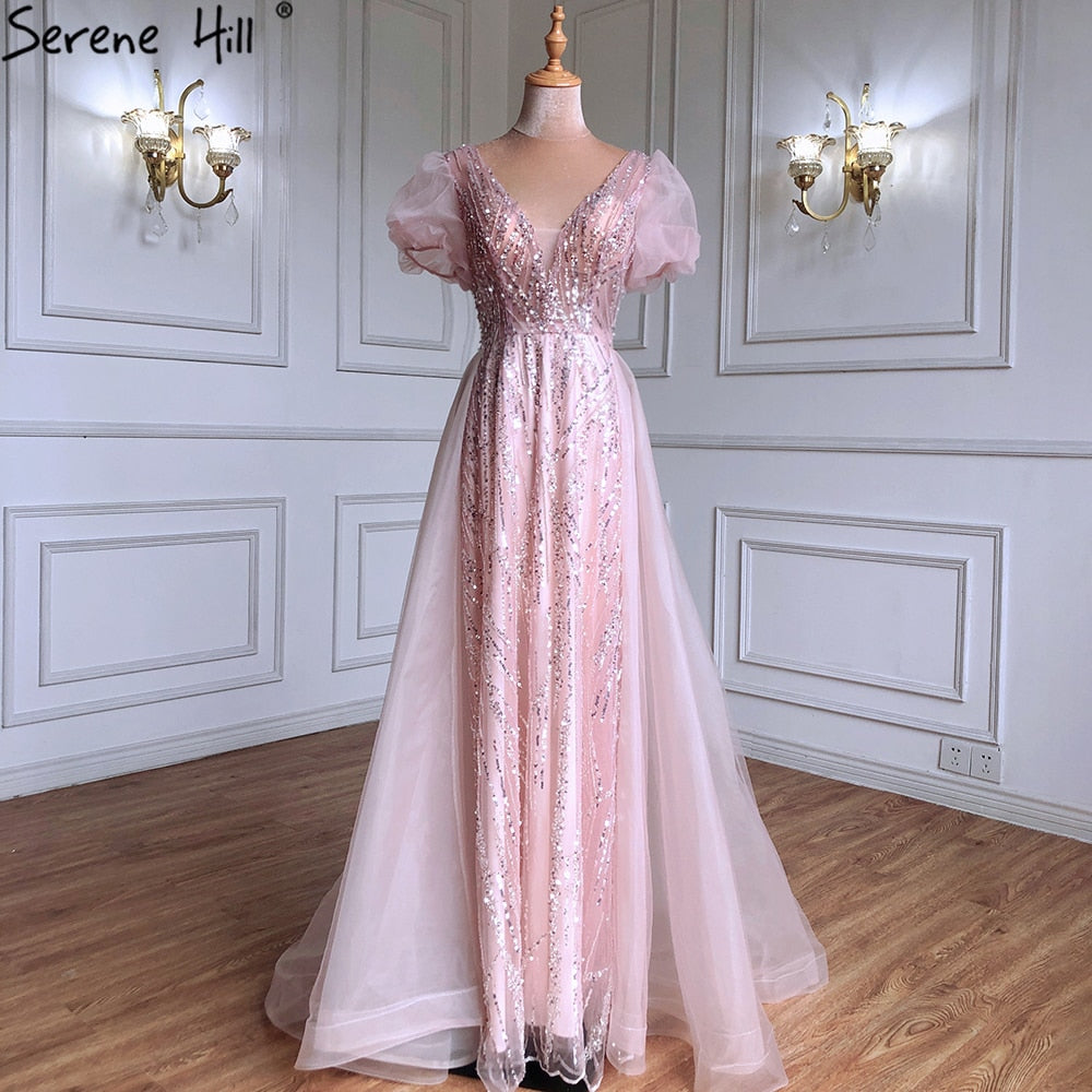 Serene Hill Pink Luxury Overskirt Evening Dresses Gowns 2025 Beaded Puffy Short Sleeves For Women Party LA71361 - SERENE HILL