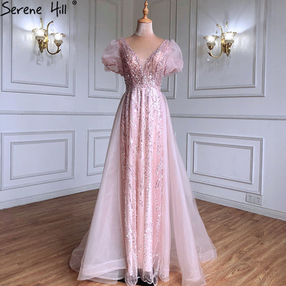 Serene Hill Pink Luxury Overskirt Evening Dresses Gowns 2025 Beaded Puffy Short Sleeves For Women Party LA71361 - SERENE HILL