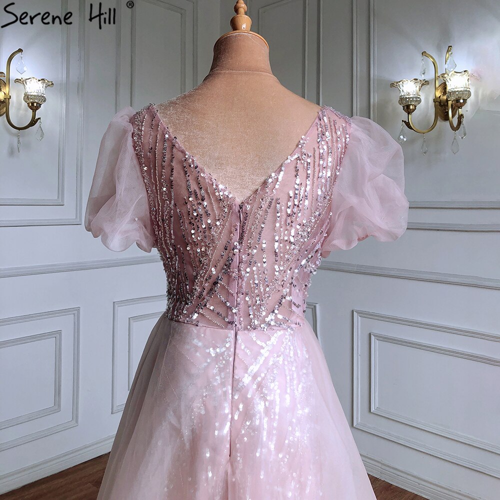 Serene Hill Pink Luxury Overskirt Evening Dresses Gowns 2025 Beaded Puffy Short Sleeves For Women Party LA71361 - SERENE HILL