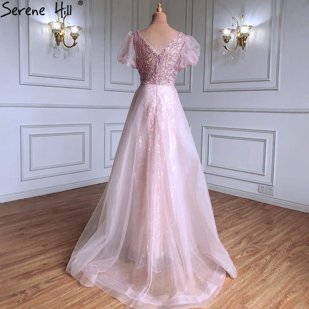 Serene Hill Pink Luxury Overskirt Evening Dresses Gowns 2025 Beaded Puffy Short Sleeves For Women Party LA71361 - SERENE HILL