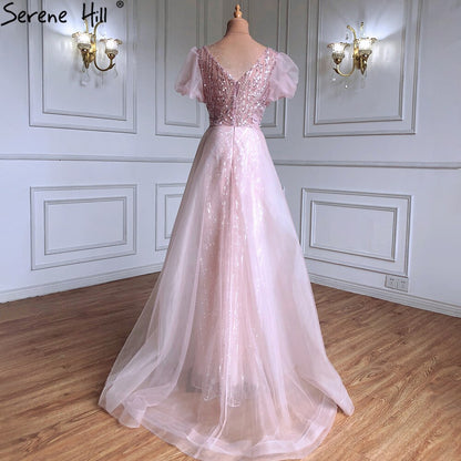 Serene Hill Pink Luxury Overskirt Evening Dresses Gowns 2025 Beaded Puffy Short Sleeves For Women Party LA71361 - SERENE HILL