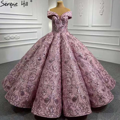 Serene Hill Pink Luxury Wedding Dresses Gowns 2025 Embroidery Lace Up Bridal Dresses HM66590 Custom Made - SERENE HILL