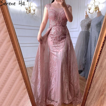 Serene Hill Pink Luxury With Overskirt Evening Dresses Gowns 2025 Lace Beaded Crystal Mermaid For Woman Party LA71080 - SERENE HILL