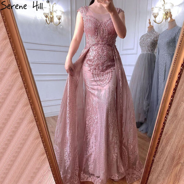 Serene Hill Pink Luxury With Overskirt Evening Dresses Gowns 2025 Lace Beaded Crystal Mermaid For Woman Party  LA71080