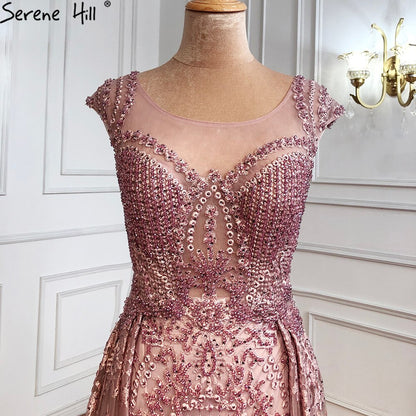 Serene Hill Pink Luxury With Overskirt Evening Dresses Gowns 2025 Lace Beaded Crystal Mermaid For Woman Party LA71080 - SERENE HILL
