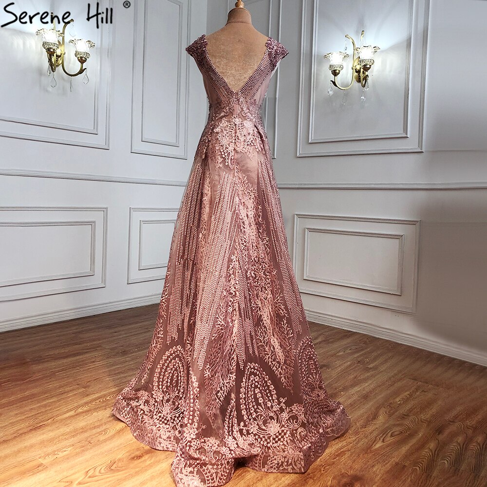 Serene Hill Pink Luxury With Overskirt Evening Dresses Gowns 2025 Lace Beaded Crystal Mermaid For Woman Party LA71080 - SERENE HILL