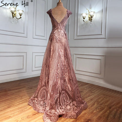 Serene Hill Pink Luxury With Overskirt Evening Dresses Gowns 2025 Lace Beaded Crystal Mermaid For Woman Party LA71080 - SERENE HILL