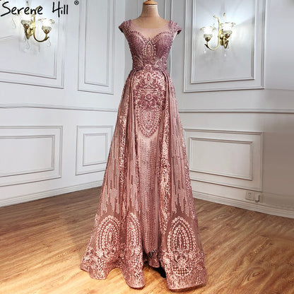 Serene Hill Pink Luxury With Overskirt Evening Dresses Gowns 2025 Lace Beaded Crystal Mermaid For Woman Party LA71080 - SERENE HILL